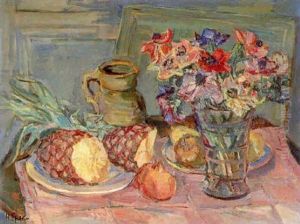 Still Life Of A Pineapple Beside A Vase Of Flowers On A Table by Henri Epstein