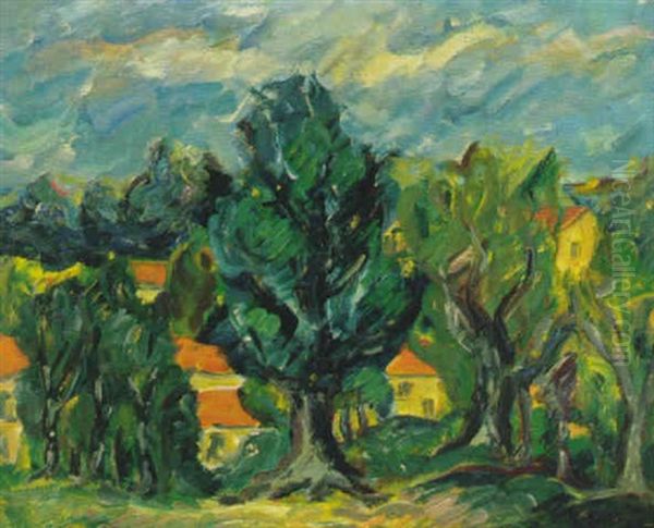 Paysage Aux Arbres Et Aux Toits Rouges - view 1