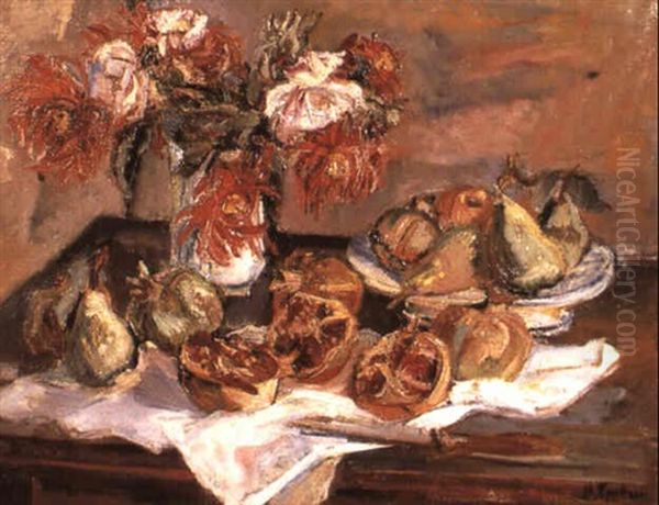 Composition Aux Fleurs Et Fruits D'ete Sur Une Table - view 1