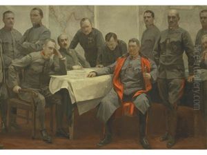 Portrait Of Field Marshall Hermann Kovess Von Kovesshaza As General Of The Infantry With The Staff Of The 3rd Army Command by Jehudo Epstein