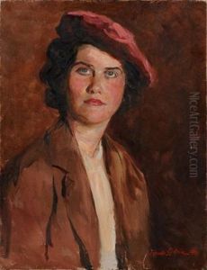 Portrait Of A Lady, Bust-length - With Dark Curling Hair And Blue Eyes, Wearing A Red Cap by Jehudo Epstein