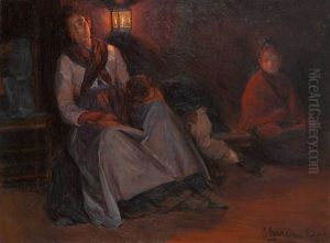 Rastende Mutter Mit Ihren Kindern Im Licht Einer Laterne