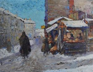 Winter Town Scene With Market Stalls by Erno Erb