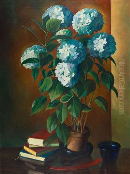 Stillleben Mit Blauen Hortensien Und Buchern - view 1