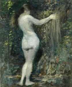 Quellnymphe - Junger Weiblicher Ruckenakt An Einer Quelle Im Waldinneren by Adolf Erbsloeh