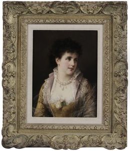Portrait Of A Young Beauty In Pearls And Lace, Satin Gown by Otto Erdmann