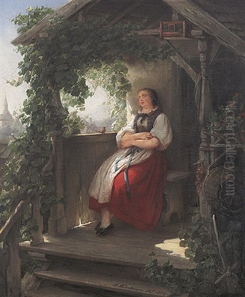 Das Pauschen. In Einer Weinlaubumrankten Laube Halt Eine Junge Frau In Tracht Ein Mittagsschlafchen - view 1