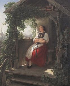 Das Pauschen. In Einer Weinlaubumrankten Laube Halt Eine Junge Frau In Tracht Ein Mittagsschlafchen by Otto Erdmann