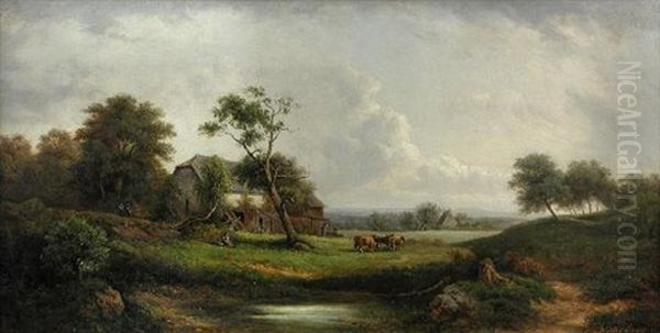 Cattle In A River Landscape By A Mediaeval Barn - view 1