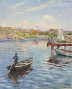 Kustlandskap Med Metande Barn Kustlandskap Med Metande Barn