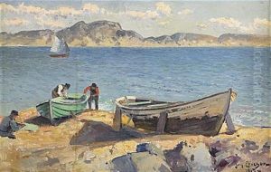 Strandparti Med Fiskare Och Uppdragna Batar - Motiv Fran Karlshamn by Johan Ericson