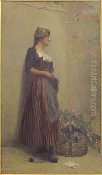 Woman Knitting By A Wall - view 1