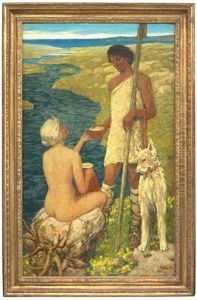 Hirtenpaar Mit Hund Vor Nordischer Kustenlandschaft by Fritz Erler