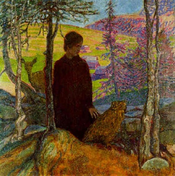 Frau Mit Reh Und Eule Im Wald - view 1