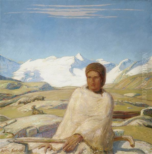 Sheperdess In Front Of Engadiner Mountain Scenery - view 1