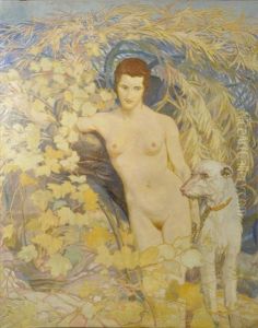 Weiblicher Akt Mit Weisem Hund Inmitten Weinranken by Erich Erler-Samedan