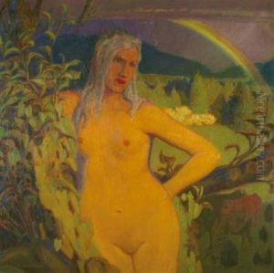 Bergnymphe Vor Engadiner Landschaft Mit Regenbogen by Erich Erler-Samedan