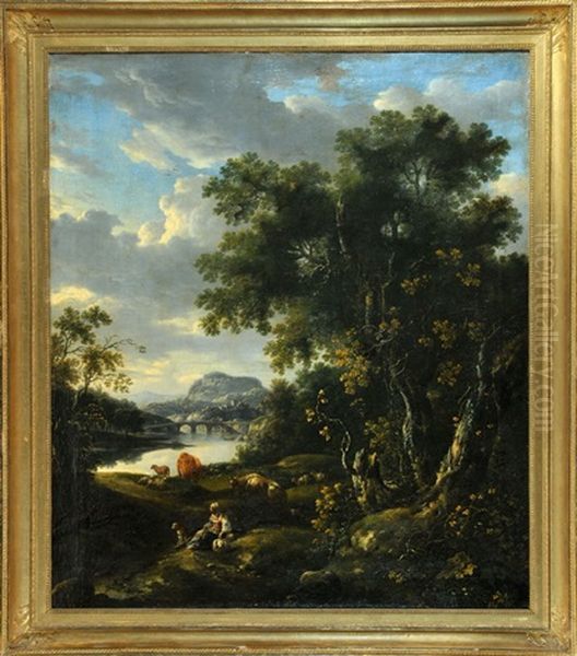 Ideallandschaft Mit Rastender Viehhirtin Und Tieren Am Fluss - view 1