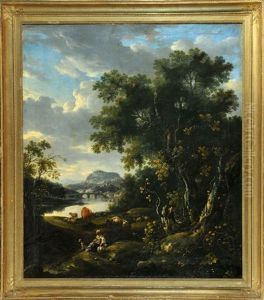 Ideallandschaft Mit Rastender Viehhirtin Und Tieren Am Fluss by Johann Franciscus Ermels