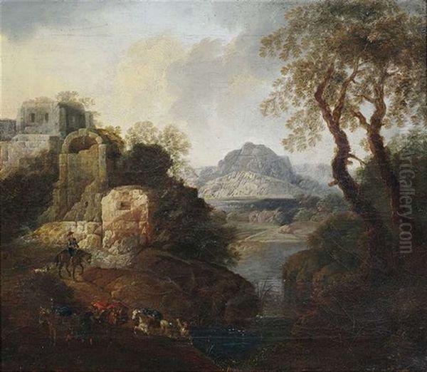 Zwei Flusslandschaften Mit Reisenden Vor Ruinen (pair) - view 1