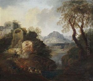 Zwei Flusslandschaften Mit Reisenden Vor Ruinen (pair) by Johann Franciscus Ermels