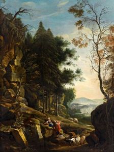 Bewaldete Landschaft Mit Fernblick Auf Berge Und Figuren