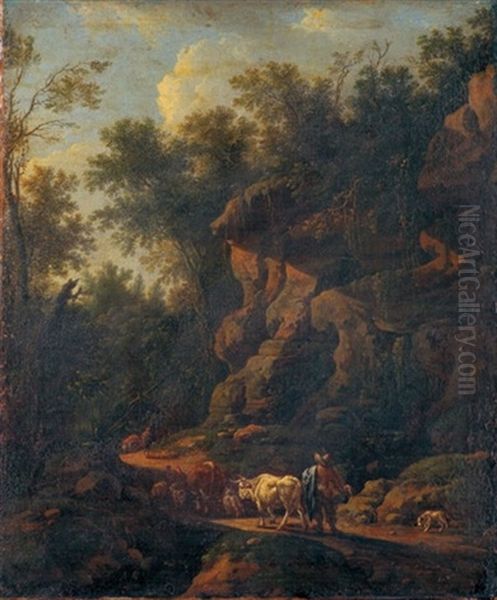 Gebirgige Waldlandschaft Mit Viehtreibern - view 1