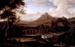 Classical Landscape With Figures, A Bridge Over A River And A Gate Tower In The Distance by Johann Franciscus Ermels