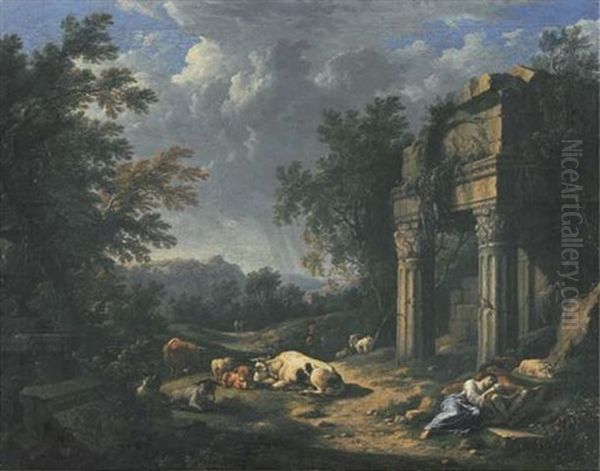 A Wooded Landscape With Travellers Resting Amongst Classical Ruins, Cattle, Sheep And Goats Nearby - view 1