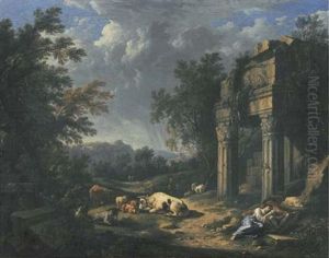 A Wooded Landscape With Travellers Resting Amongst Classical Ruins, Cattle, Sheep And Goats Nearby by Johann Franciscus Ermels