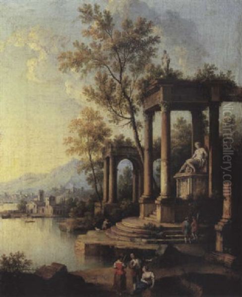 A Coastal Landscape With Figures By Classical Ruins, A Port Beyond - view 1