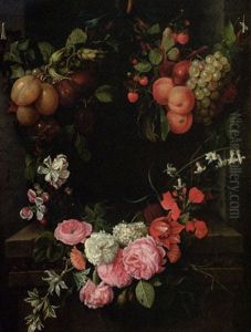 A Swag Of Plums, Grapes, Fraise Du Bois, With Lilies, Tulips, Roses And Other Flowers Decorating A Niche by Johann Franciscus Ermels