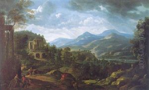 An Arcadian Landscape With Classical Figures In The Foreground, A Ruined Roman Temple, A River And An Extensive Mountain Landscape Beyond by Johann Franciscus Ermels