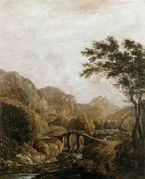 Mountainous, River Landscape With Travellers Resting In The Foreground, A Figure Crossing A Bridge Beyond - view 1