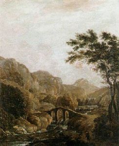 Mountainous, River Landscape With Travellers Resting In The Foreground, A Figure Crossing A Bridge Beyond Mountainous, River Landscape With Travellers Resting In The Foreground, A Figure Crossing A Bridge Beyond