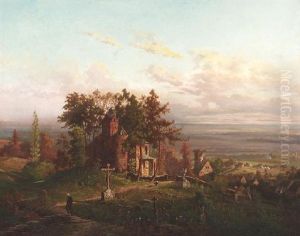 Blick In Ein Weites Sommerliches Tal Mit Einer Alten Romantischen Kapelle Am Friedhof