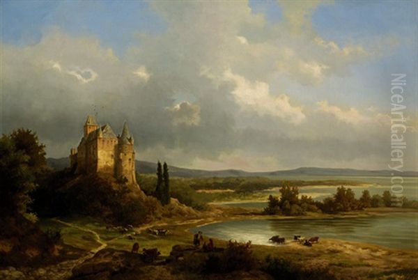 Figures And Cattle Near A Castle In A Wide River Landscape - view 1