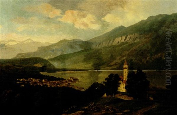 Seelandschaft In Den Alpen Mit Kirchdorf Und Figurenstaffage - view 1