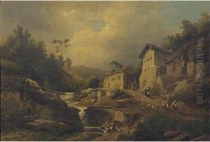 Mosellandschaft: Villagers By A Stream Near Trier, Germany by Emil Von Ernst