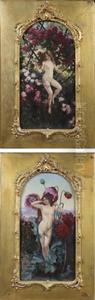 Nymphes Parmi Les Roses Et Les Pavots (pair) - view 1