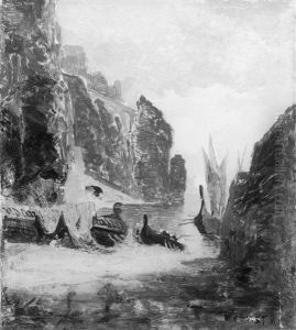 Orientalische Felsenkuste Mit Zwei Am Ufer Liegenden Galeeren Und Zeltlager