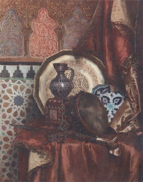 A Tambourine, Knife, Turkish Box, Turkish Jug, Moroccan Tile And Plate On A Satin Covered Table - view 1