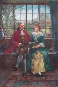 Young Couple Seated, Reading By Awindow by William F. Ashburner