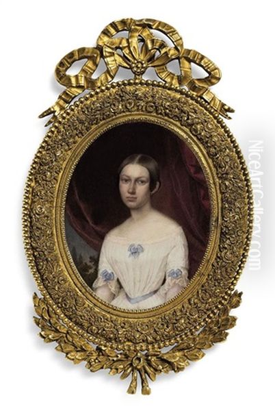 A Young Lady, In Lace-trimmed White Off-the-shoulder Dress With Blue Sash And Blue Bows On Sleeves And At Corsage, Fair Centre-parted Upswept Hair - view 1
