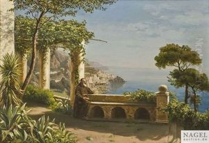 Monch Auf Der Terrasse Des Kapuzinerklosters, Im Hintergrund Die Bucht Von Amalfi