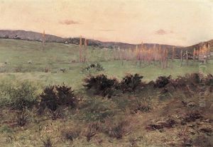 Blick Uber Hugeliges Land. Pappeln Vom Licht Der Aufgehenden Sonne Beleuchtet. Stimmungsvolle Impression by Edward Frederick Ertz