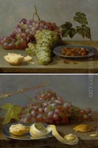 Pair Of Works: Still Life With Grapes And Hazel Nuts On A Table/still Life With Grapes, A Lemon And Bread On A Table by Jacob Foppens Van Es: