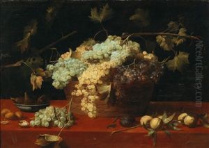 A Still Life With Grapes In A Basket by Jacob Foppens Van Es: