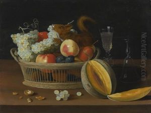 Still Life With A Basket Of Fruit And A Squirrel, Glasses, And A Cut Melon On A Tabletop by Jacob Foppens Van Es: