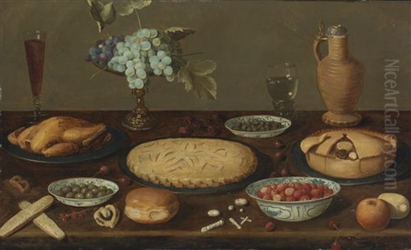 Still Life With Meat Pies, A Roast Fowl, Olives, Capers And Strawberries In Blue And White Porcelain Bowls, A Tazza With Grapes, A Roemer Filled With Wine, A Ceramic Jug And Other Items, All On A Wood Table - view 1